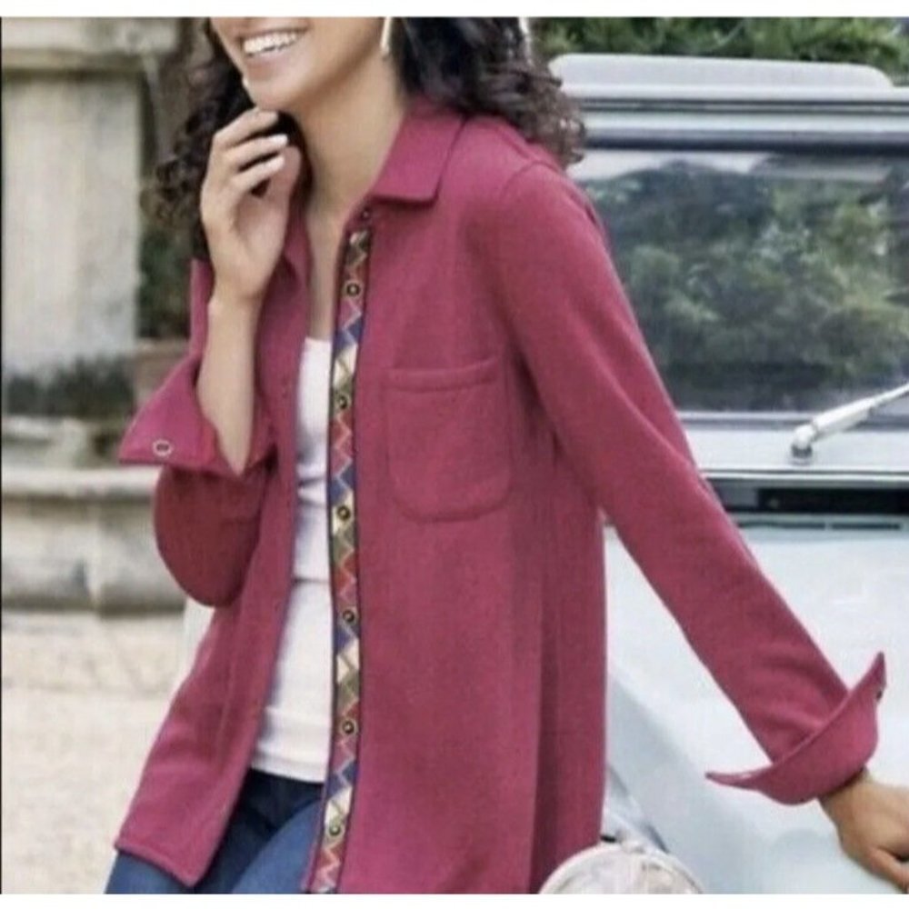 Soft Surroundings Willow Shirt Jacket XS Red Maroon Snap Shacket Aztec Southwest